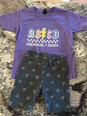 Purple "Preschool Rocks" ABCD Kids Tee with Heart Print Cat & Jack Shorts +BONUS